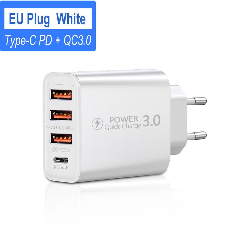 universal AC to DC 5V 2.4A 12W 4 port USB travel charger with 2 pin european wall plug, fast charging, qc 3.0 charger and 20W USB-C PD charger