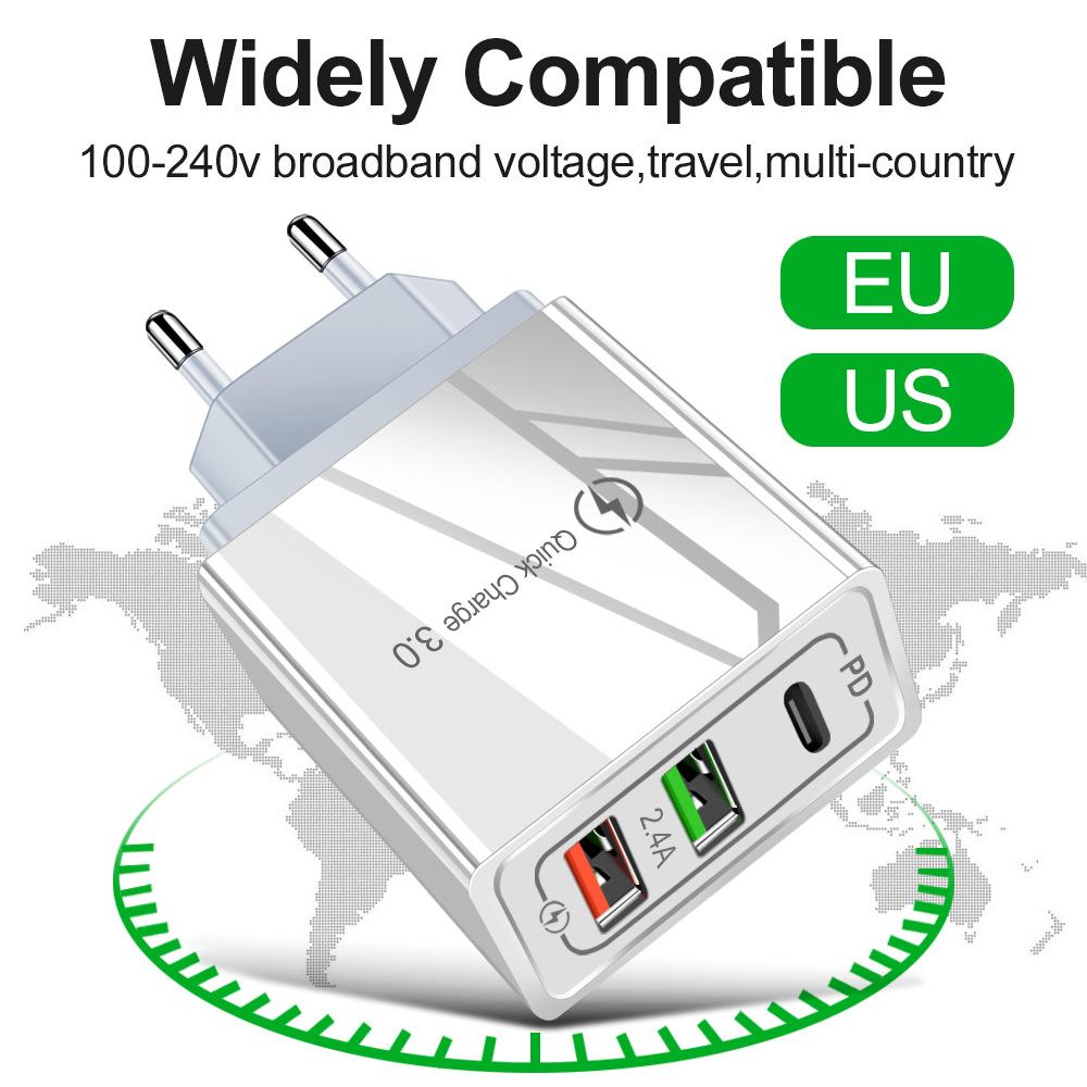 universal AC to 5V 2.4A 12W DC 3 port USB travel charger with 18W USB-C PD fast charger and qc 3.0 fast charger